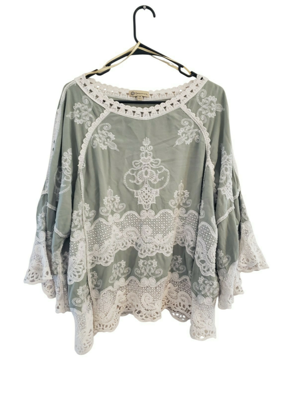 Boho Embroidered Lace-Trim Tunic Top - Sage Green